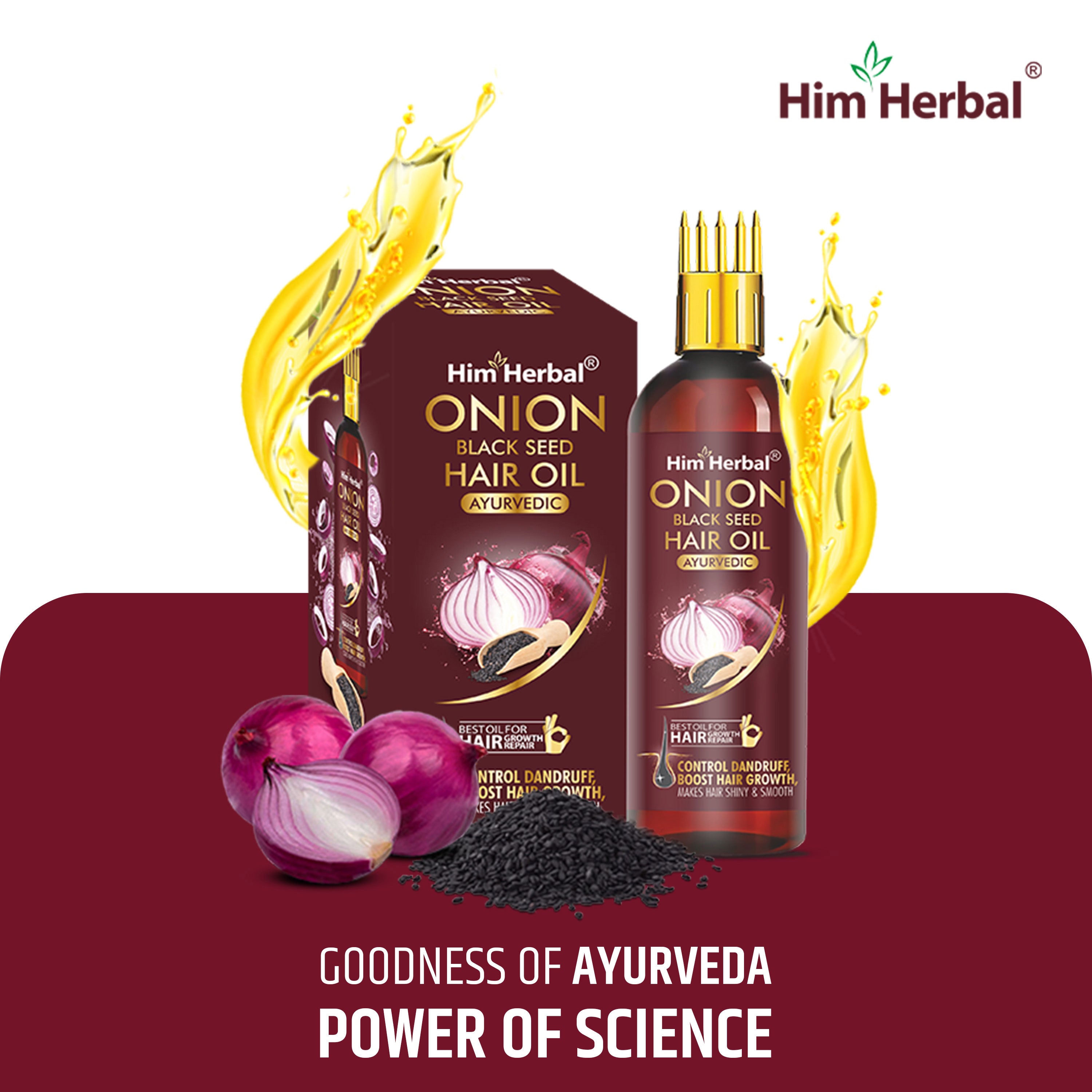 Ayurvedic Onion & Black Seed Hair Oil with Comb Applicator - by Him Herbal | Goodness of 8 Natural Oils & 7 Ayurvedic Herbs | Oil For Hair Growth, Dandruff Control & Stronger Hair | Suitable for All Hair Types | for Men & Women