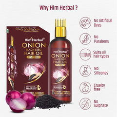 Ayurvedic Onion & Black Seed Hair Oil with Comb Applicator - by Him Herbal | Goodness of 8 Natural Oils & 7 Ayurvedic Herbs | Oil For Hair Growth, Dandruff Control & Stronger Hair | Suitable for All Hair Types | for Men & Women